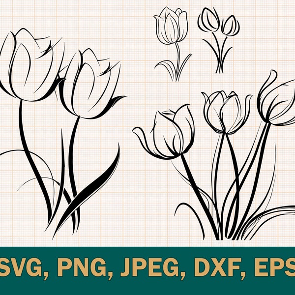 Tulip Flower Line Art SVG, Tulip Art Clipart | Tulips Tattoo .eps, .dxf, .svg .png