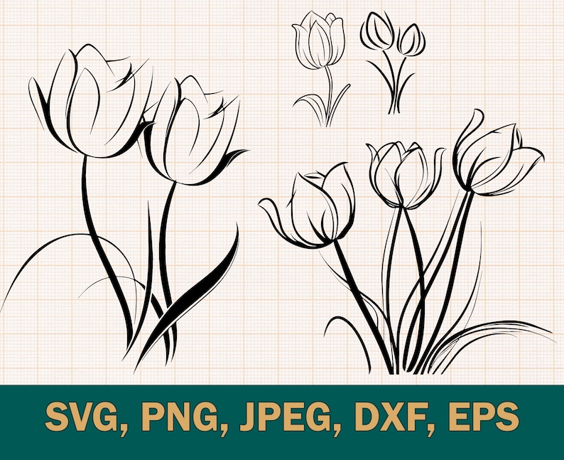 May include: A black and white line drawing of two sets of tulips. The first set has two tulips with stems and leaves. The second set has three tulips with stems and leaves.
