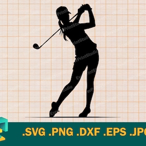 Può includere: Silhouette nera di una golfista in pieno swing, con cappellino e pantaloncini, con una mazza da golf sollevata. Lo sfondo è un motivo a griglia. La parte inferiore dell'immagine include le estensioni del tipo di file: .SVG .PNG .DXF .EPS .JPG.