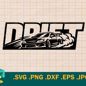 Puede incluir: Gráfico en blanco y negro de un coche derrapando, con la palabra "DRIFT" encima. El coche se representa en movimiento, con humo saliendo de los neumáticos. La imagen es un gráfico vectorial.