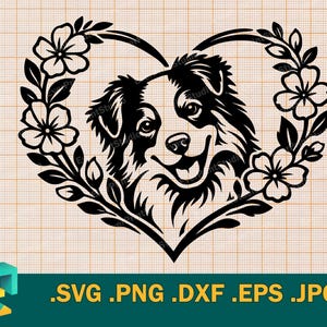 Puede incluir: Ilustración en blanco y negro de la cabeza de un perro dentro de una corona floral en forma de corazón. El perro tiene una expresión sonriente. La imagen incluye opciones de tipo de archivo: .SVG .PNG .DXF .EPS .JPG.