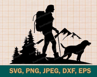 Hiking Woman with Dog Silhouette SVG, Hiking Woman Silhouette Clipart, Hiking Woman Cut Files For Cricut, Nature Silhouette