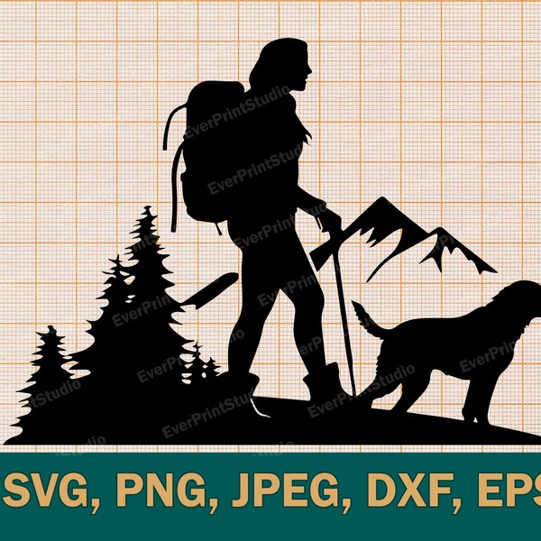 Hiking Woman with Dog Silhouette SVG, Hiking Woman Silhouette Clipart, Hiking Woman Cut Files For Cricut, Nature Silhouette