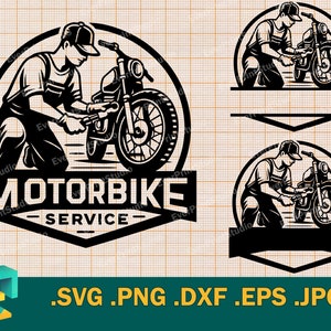 Puede incluir: Ilustración en blanco y negro de un mecánico de motocicletas trabajando en una motocicleta. El mecánico está arrodillado y usando una llave para apretar un tornillo en la motocicleta. La motocicleta tiene un neumático delantero grande y un neumático trasero más pequeño. El texto "Motorbike Service" está escrito en negrita debajo de la imagen.