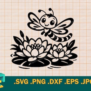 Puede incluir: Ilustración en blanco y negro de una abeja de dibujos animados sobre dos nenúfares. La abeja tiene ojos grandes y abdomen a rayas. La imagen incluye los tipos de archivo: .SVG .PNG .DXF .EPS .JPG.