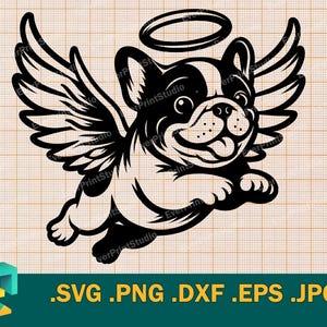 May include: Black and white illustration of a French bulldog with angel wings and a halo. The bulldog is smiling and has its tongue sticking out.