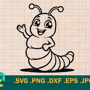 May include: A black and white line drawing of a cartoon caterpillar with a big smile and large eyes. The caterpillar is waving with one arm and has a segmented body.