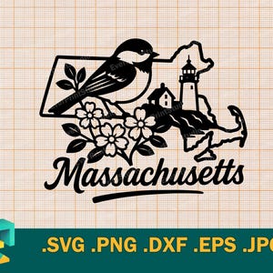Puede incluir: Gráfico en blanco y negro de un pájaro posado en una rama floral, con un faro y el contorno de Massachusetts. La palabra "Massachusetts" está escrita en cursiva debajo.