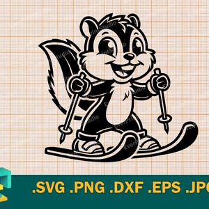 Op de afbeelding: Een zwart-witte cartoonillustratie van een eekhoorn met een rode muts die twee ski-stokken vasthoudt en een besneeuwde heuvel afdaalt.