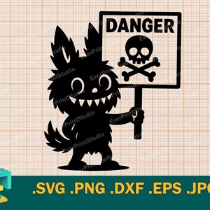 Coelho Monstro Fofo Perigo SVG - Cricut, Silhueta | Vetor Brinquedo Coelho Maligno - Modelo de Arquivo de Corte de Sinal de Perigo SVG, Sublimação de Monstro Fofo png