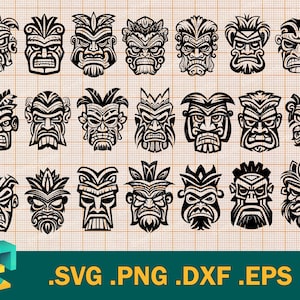 Tiki Head SVG-bundel - Cricut, silhouet | Tiki hoofd gesneden vectorbestand, Tribal SVG, luau svg, totem Tiki-masker, Hawaiiaans Tiki hoofd-illustraties