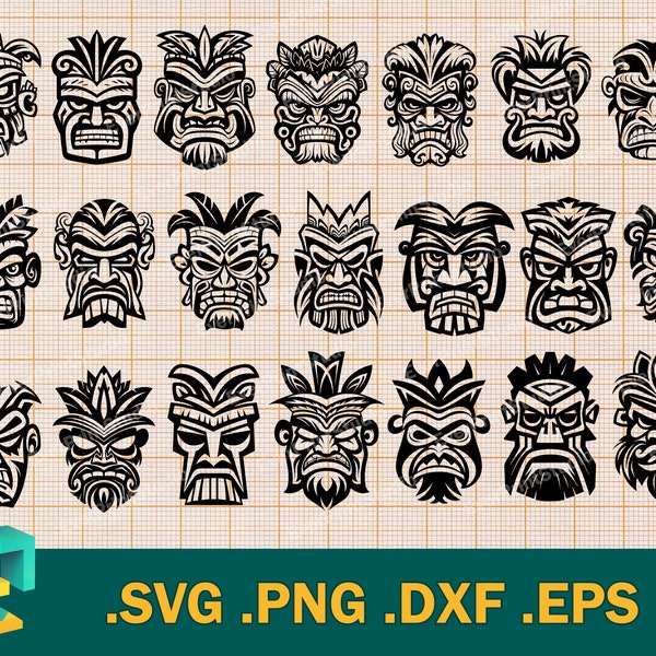 Tiki Head SVG Bundle - Cricut, Silhouette | Vector Tiki Head Cut File, Tribal SVG, luau svg, Totem Tiki mask, Hawaiian Tiki Head Clip Art