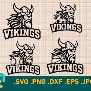 May include: Four black and white Viking logo designs. Each logo features a Viking head with a horned helmet and the word "VIKINGS" below. The logos include a soccer ball, baseball, and basketball.