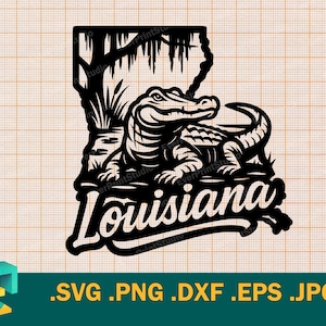 May include: Black silhouette of the state of Louisiana with an alligator and the state name. The alligator is detailed with scales and teeth. The text at the bottom reads "Louisiana".