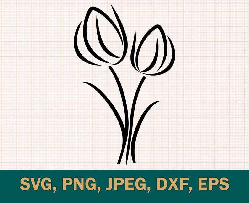 May include: A black and white line drawing of two stylised tulips with stems.