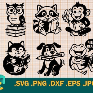 Bibliothek SVG - Cricut , Silhouette | Katze liest ein Buch SVG, Vektor-Leseklasse, Affe lesen, Eule mit Büchern Schnittdatei svg, png, eps, dxf