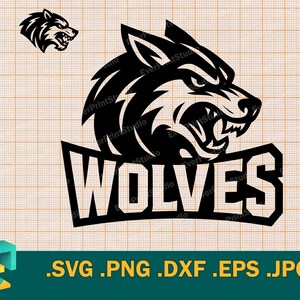 May include: A black and white graphic of a wolf's head with the word "WOLVES" in bold letters. A smaller wolf head graphic is in the upper left corner. The image includes file type options: .SVG .PNG .DXF .EPS .JPG.