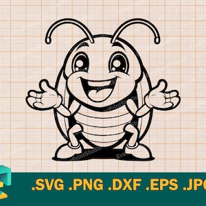 May include: A black and white cartoon illustration of a smiling ladybug with large eyes and outstretched arms. The ladybug is standing on a grid background.