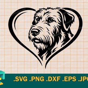 Könnte beinhalten: Schwarz-weiße Grafik eines Hundekopfes in Herzform. Der Hund hat ein zotteliges Fell und detaillierte Gesichtszüge. Das Bild enthält Dateitypoptionen: .SVG .PNG .DXF .EPS .JPG.