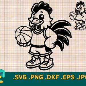 Pode incluir: Uma ilustração em preto e branco de um galo vestindo um uniforme de basquete e segurando uma bola de basquete. O galo tem uma crista e uma barbela grandes, e suas penas da cauda estão espalhadas atrás dele.