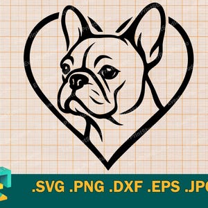 Französische Bulldogge SVG - Cricut, Silhouette | Niedliche Bulldogge Pup Linie Kunst Schnittdatei |  Französische Bulldogge Herz SVG Sublimation png, eps, dxf