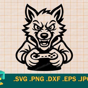 Może przedstawiać: Czarno-biała grafika przedstawiająca wilka z wściekłym wyrazem twarzy trzymającego kontroler do gier wideo. Wilk ma na sobie bluzę z kapturem. Obraz zawiera tekst ".SVG .PNG .DXF .EPS .JPG".