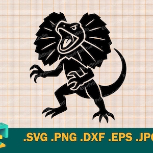 Peut inclure: Silhouette noire d'un lézard à collerette en mouvement, sa collerette entièrement déployée. Le lézard est représenté avec des griffes acérées et la gueule ouverte. L'image comprend les extensions de fichier : .SVG .PNG .DXF .EPS .JPG.