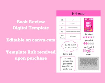 Editable Digital Book Review Template, Book Review Journal, Editable in Canva