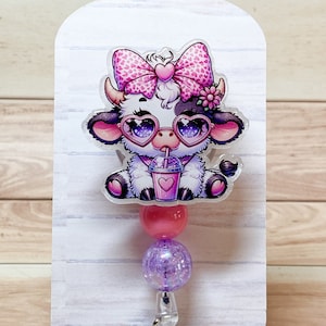 Cute Cow Drinking Iced Coffee Interchangeable Retractable Badge Reel