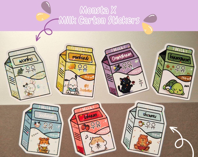 Monsta x Milk Carton Stickers, Monsta X Stickers, Monsta X Inspired Stickers, Holographic Stickers, Kpop Stickers, Cute Kpop Stickers,