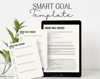 以下が含まれることがあります： 白い背景に黒い文字で「SMART GOAL TRACKER」と「SMART GOAL Template」と書かれたデジタルタブレットと2枚の印刷可能なワークシート。ワークシートは短期目標と長期目標用です。