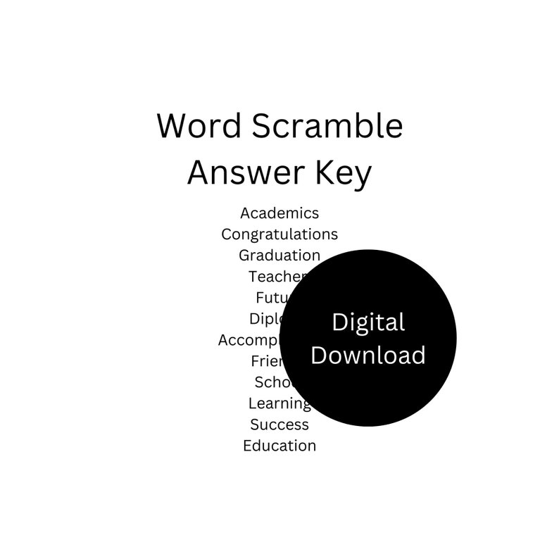 Peut inclure: Une cl&eacute; de r&eacute;ponse de mots m&ecirc;l&eacute;s en noir et blanc avec les mots "T&eacute;l&eacute;chargement num&eacute;rique" dans un cercle noir.