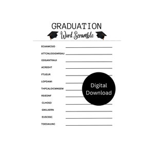Peut inclure: Un jeu de mots m&ecirc;l&eacute;s de graduation imprimable avec un design noir et blanc. Le jeu pr&eacute;sente un graphique de chapeau de graduation et les mots "Graduation Word Scramble".