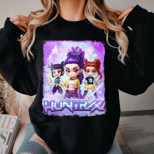 Chibi Huntrix Girls Rumi Zoey Mira T-Shirt, Saja Girl Merch, Demon Hunter Tiger Shirt, Huntrix Fan Png Gift, Kpop Huntrix Tee