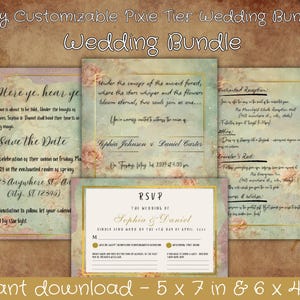 May include: A wedding bundle with a vintage aesthetic, featuring invitations, RSVP cards, and reception details. The design includes floral accents, gold borders, and handwritten-style text. The bundle is available in 5 x 7 inch and 6 x 4 inch sizes.