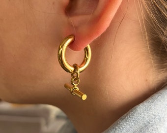 Aros con barras, pendientes de barra de oro, pendientes de barra, pendientes de aro de oro pequeños, pendientes de aro de acero inoxidable, pendientes de oro simples, aros de barra T