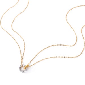 Two-tone gold and silver circle pendant, stainless steel circle necklace, interlocking circles necklace, silver and gold necklace, minimal