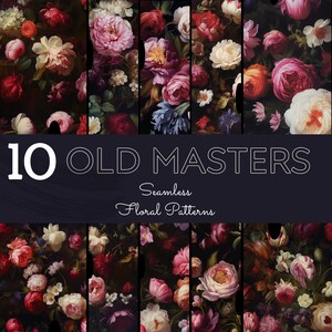 May include: A collage of 10 seamless floral patterns inspired by Old Masters paintings. The patterns feature a variety of flowers in shades of red, pink, white, and blue against a dark background.