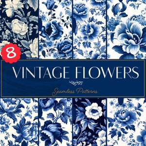 May include: Eight seamless patterns featuring vintage blue and white floral designs. The patterns are perfect for crafting, scrapbooking, and home decor projects.