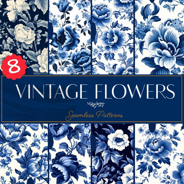 Vintage Delft Blue Floral Seamless Patterns Mega Bundle #1: Add Elegance to Your Designs