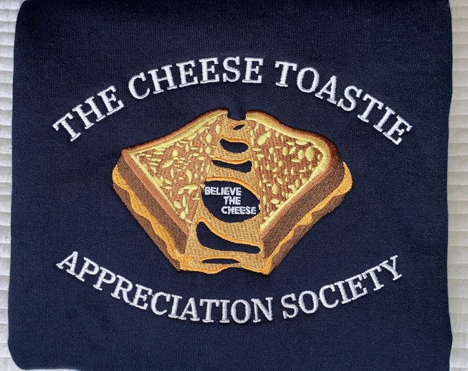 Käse-Toastie-Anerkennungsgesellschaft Navy Gestickter Rundhalsausschnitt, Käsegeschenk, gegrillter Käse, beste Geschenke für ihn, beste Geschenke für sie