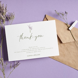 Modelo de cartão de agradecimento de casamento com lavanda, cartão digital minimalista editável e elegante, floral e atemporal para convidados, para impressão no Canva