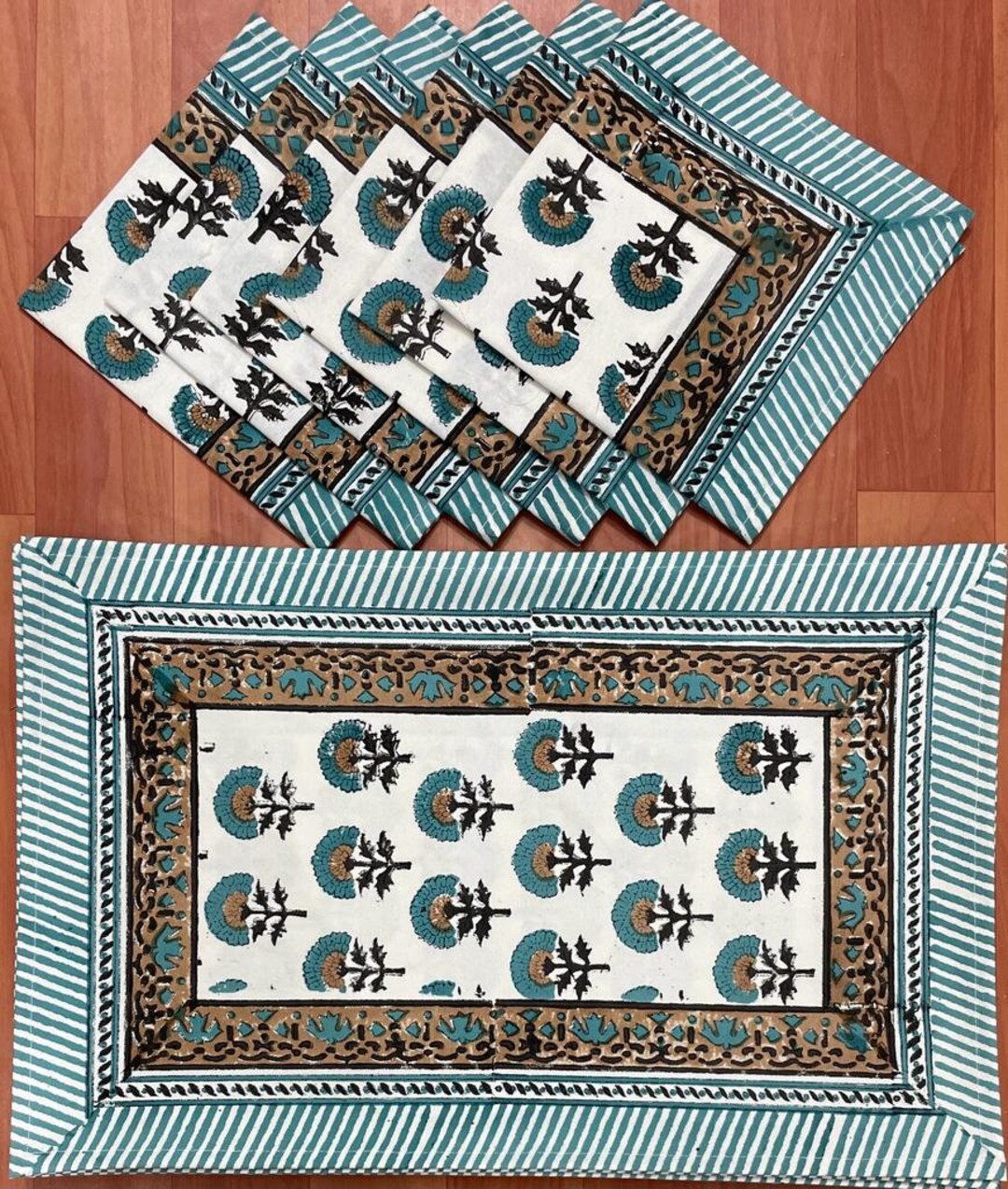 Mat & Napkin Set Floral Design Personalized Cloth Napkin, Indian Block