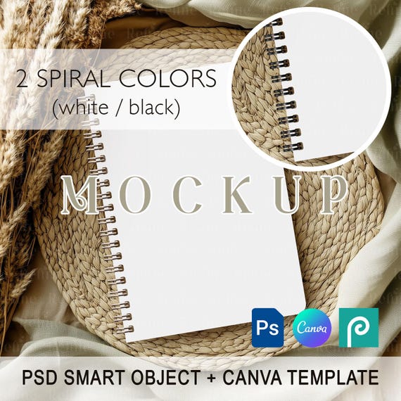 Spiral Notebook Mockup, Blank Spiral Notebook Mock up PSD, A5 A4 Boho Notebook Mock Up, Planner Mockup, Notebook Mockup PSD Canva A5 A4