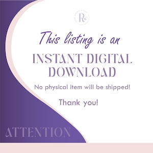 Puede incluir: Anuncio de descarga digital con un dise&ntilde;o morado y blanco. El texto dice "This listing is an INSTANT DIGITAL DOWNLOAD. No physical item will be shipped! Thank you!" y "ATTENTION".