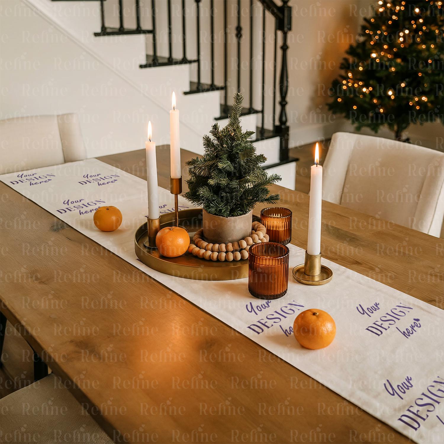 クリスマステーブルランナーのモックアップ、ホリデーファブリックの