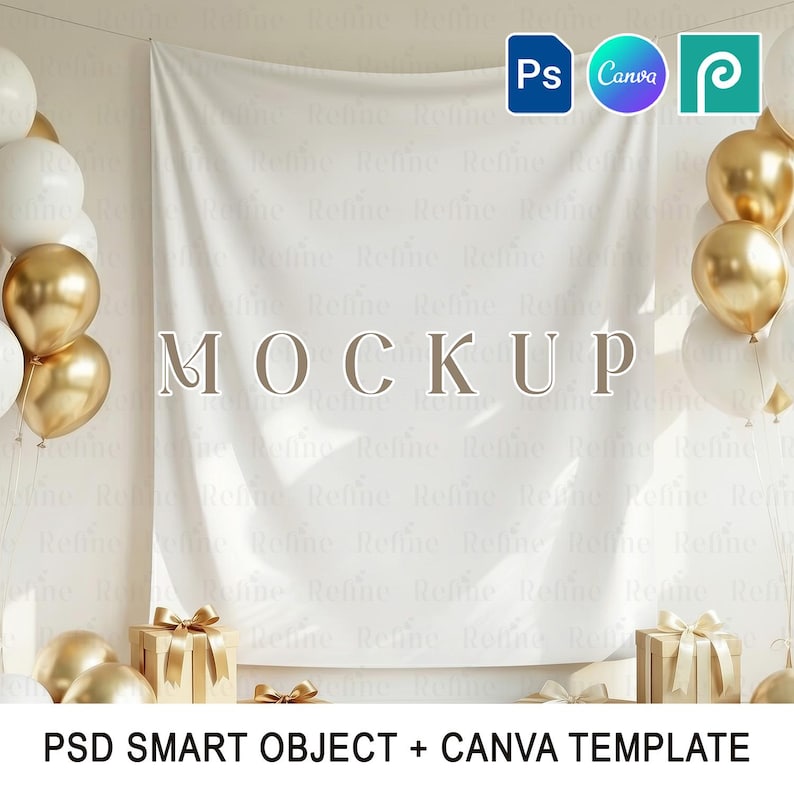 May include: A white backdrop with the word "MOCKUP" in the center, flanked by gold and white balloons. Gift boxes with gold bows are at the bottom. The image includes the text "PSD SMART OBJECT + CANVA TEMPLATE".