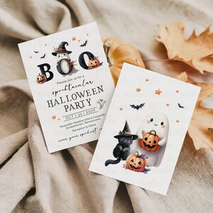 May include: Two Halloween party invitations. One features the word "BOO" with a snowman, pumpkins, and bats. The other shows a ghost, a black cat, and pumpkins. The invitations have the text "spooktacular HALLOWEEN PARTY".