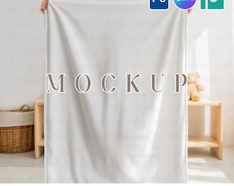 May include: A white blanket held up, with the word "MOCKUP" in the center. The text "PSD SMART OBJECT + CANVA TEMPLATE" is at the bottom. The background includes a wooden shelf, a teddy bear, and a woven basket.