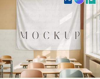 Wall Tapestry Mockup PSD PNG, 50x60 Fabric Banner Template, Back to School Party Backdrop